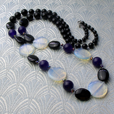 long semi-precious stone bead necklace, long beaded necklace NM32