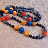 long blue beaded necklace, long blue semi-precious stone bead necklace handmade uk