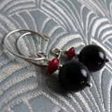 small drop black onyx semi-precious bead earrings, short onyx semi-precious stone earrings