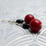 short drop semi-precious stone earrings, black red semi-precious bead earrings