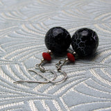 black drop earrings, short semi-precious stone earrings black