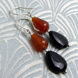beaded semi-precious earrings, carnelian semi-precious stone black bead earrings