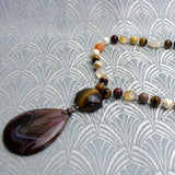 semi-precious stone bead necklace, handmade gemstone pendant necklace brown agate pendant