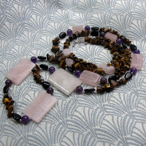 Long semi-precious stone bead necklace, long beaded necklace DD6