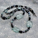 long semi-precious stone bead necklace, long blue beaded semi-precious necklace