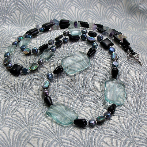 Long semi-precious stone bead necklace, long beaded necklace DD18