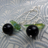 long semi-precious stone earringfs, black green semi-precious earrings long drop