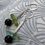 long semi-precious earrings, long semi-precious stone earrings handmade black green beads