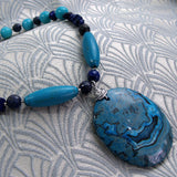 semi-precious stone pendant necklace handmade blue agate gemstone pendant necklace, blue semi-precious bead necklace