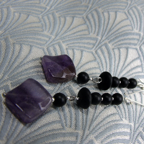 handmade semi-precious bead jewellery, long amethyst earrings