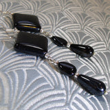 black onyx long semi-precious stone earrings, long black onyx semi-precious earrings uk