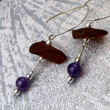 long drop earrings, silver amber amethyst