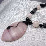 long handmade pink black beaded semi-precious necklace