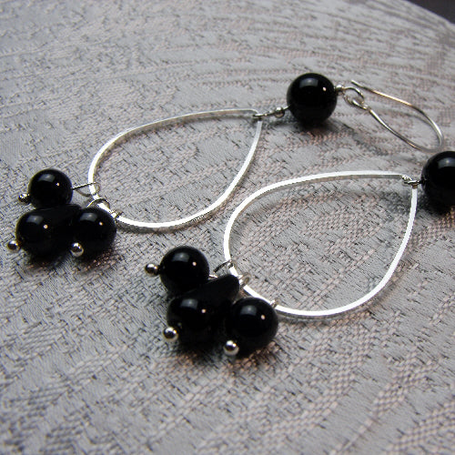 handmade semi-precious bead jewellery earrings, long silver black onyx earrings