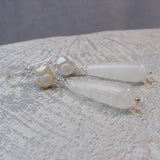 long drop white bead earrings handmade semi-precious white beads