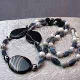 long black white bead necklace, chunky semi-precious beads