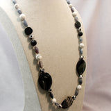 long chunky black white necklace handmade with semi-precious beads