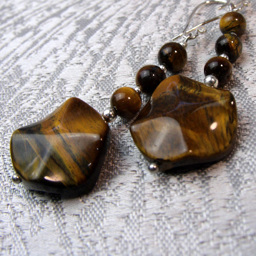 long tigers eye earrings, handmade semi-precious stone earrings