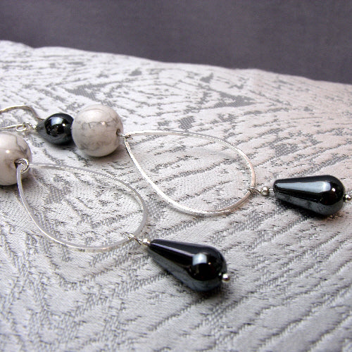 handmade semi-precious bead jewellery earrings, long drop semi-precious stone earrings