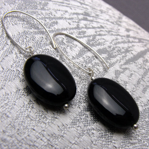 long drop black bead earrings, beaded semi-precious stone jewellery