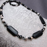long handmade black white bead necklace
