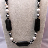 long beaded necklace handmade black white semi-precious beads