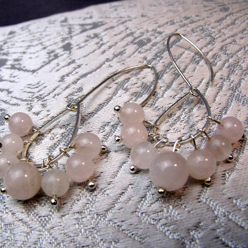 long drop rose quartz earrings, handmade semi-precious stone earrings