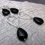 long drop silver black onyx earrings