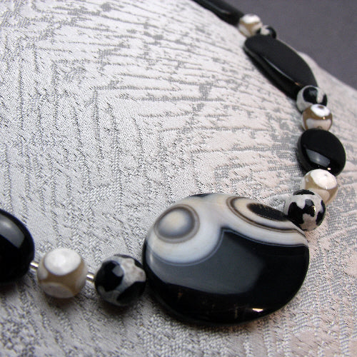 chunky black white necklace, semi-precious stone jewellery handmade uk