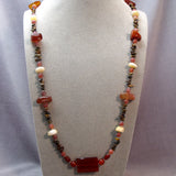 long brown bead necklace, semi-precious stones