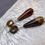 long drop brown semi-precious bead earrings