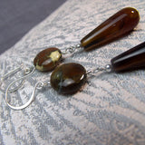 long drop brown semi-precious earrings with teardrop shaped beads