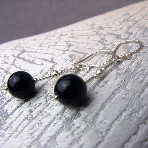 blue goldstone semi-precious bead jewellery earrings, semi-precious stone blue bead earrings