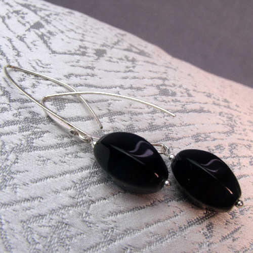 long black semi-precious bead earrings,  semi-precious stone jewellery, long drop black silver earrings