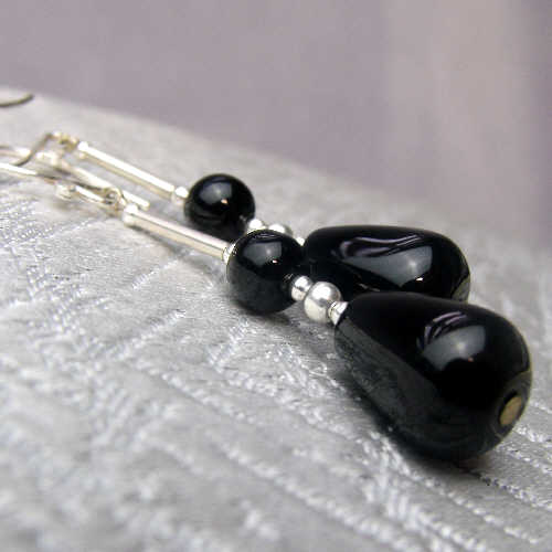 long black semi-precious bead jewellery earrings, long drop semi-precious stone earrings, black onyx