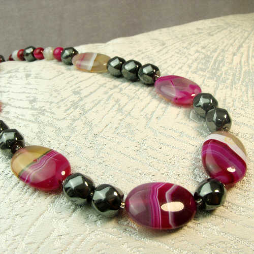 chunky bead statement necklace, pink grey semi-precious stone jewellery, chunky semi-precious bead statement jewellery