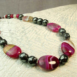 chunky bead statement necklace, pink grey semi-precious stone jewellery, chunky semi-precious bead statement jewellery