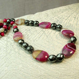 long chunky necklace pink grey beads handmade with statement