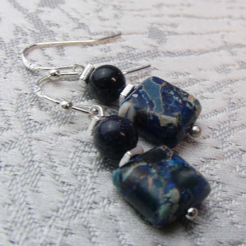 short drop blue earrings, semi-precious bead earrings, unique earrings