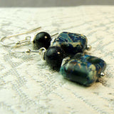 short drop blue jasper, blue goldstone bead earrings