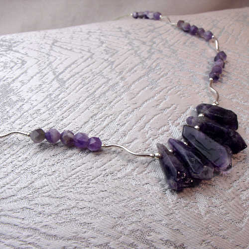 silver amethyst  semi-precious bead necklace, unique semi-precious bead statement jewellery handmade uk