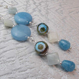 blue semi-precious bead statement earrings, long drop, longer length, unique