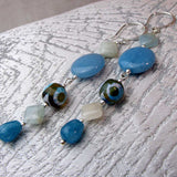 long drop blue statement earrings, long semi-precious bead statement earrings, unique, handcrafted