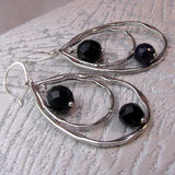 unique long drop hoop statement earrings, black silver