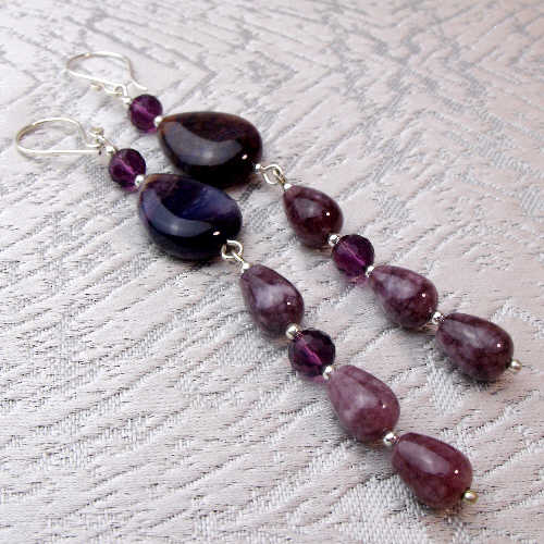 unique handcrafted statement jewellery UK, long drop purple semi-precious bead statement earrings