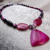 chunky statement necklace handcrafted with chunky black pink semi-precious stones
