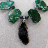 green black chunky statement necklace with green black semi-precious beads