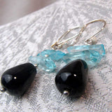 teardrop statement earrings, black blue semi-precious beads
