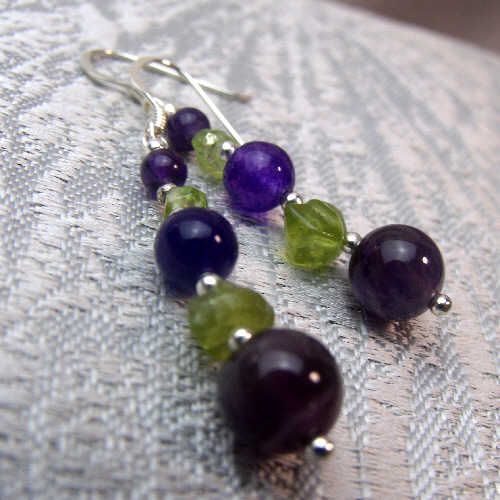 purple green handmade statement earrings, unique semi-precious bead statement jewellery handmade uk