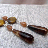 long drop statement earrings, brown teardrop semi-precious beads